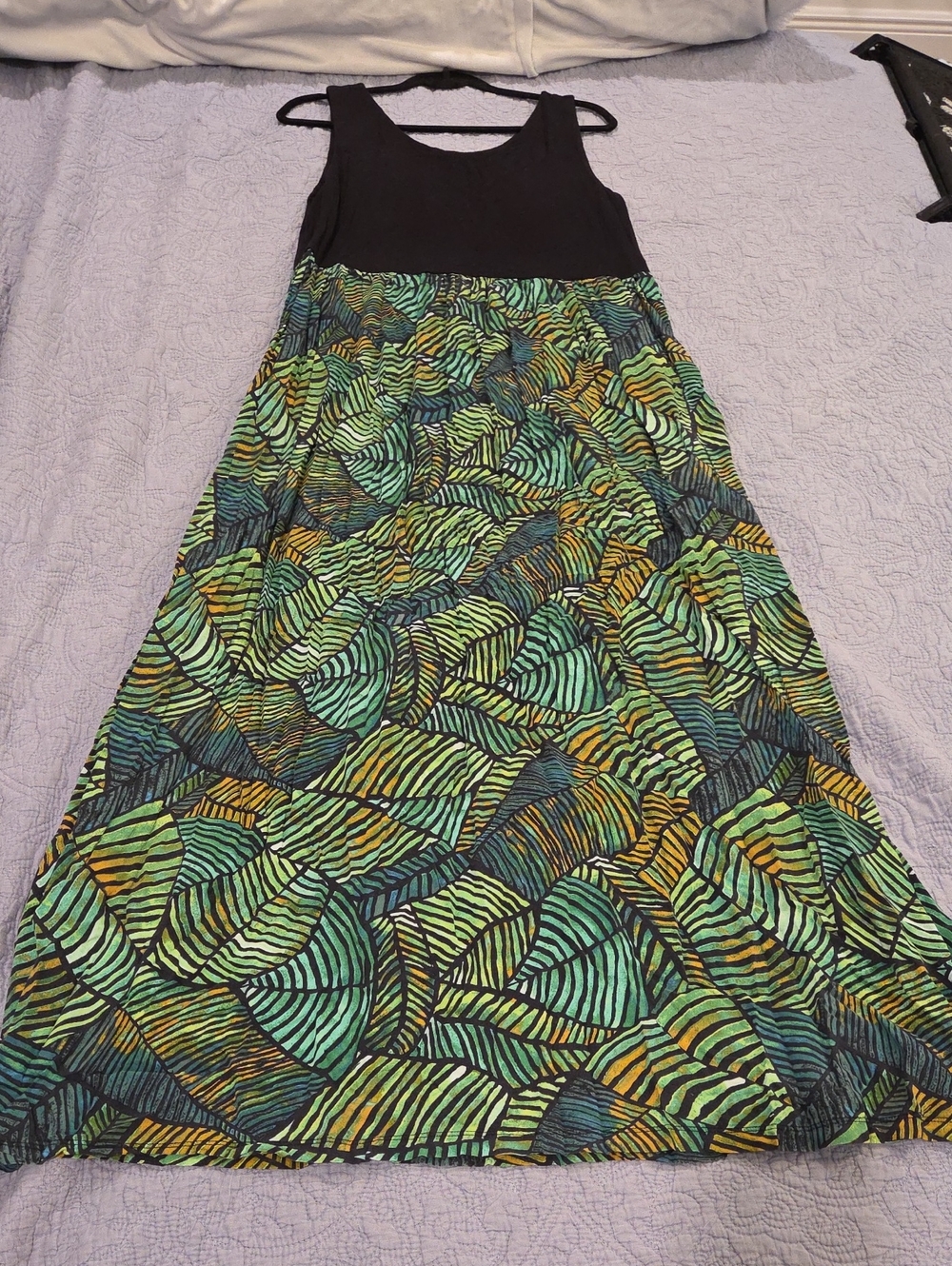 Rachel Zoe Black Bodice Maxi Dress with Green & Yellow Leaf Print Size XL!